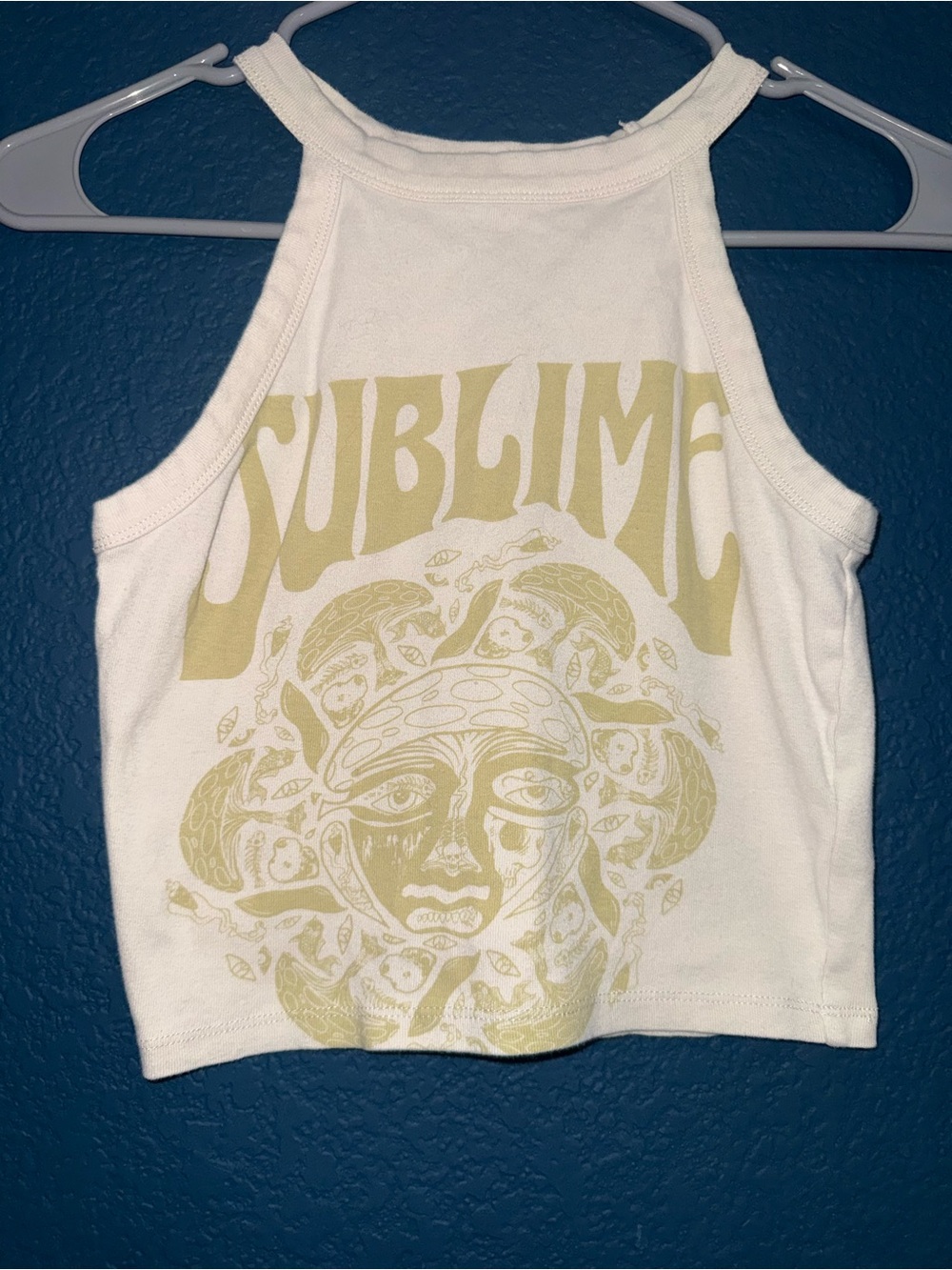 American Eagle Outfitters White Crop Tank with Pale Yellow Graphic